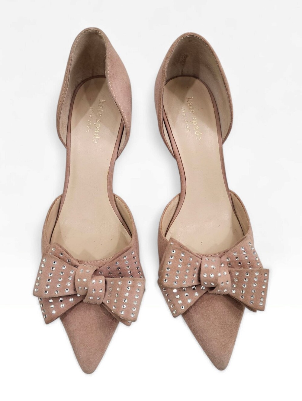KATE SPADE Sterling Blush Pink Suede D'Orsay Rhinestone Bow Pointed Toe Pumps 7M - Picture 3 of 11